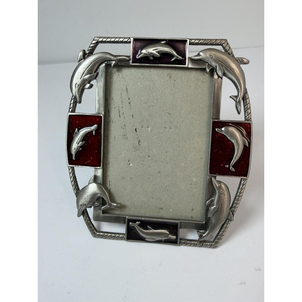 Dolphin Stand Up Table Top Frame Silver Tone Red Enamel Accents Nautical 3.5x5‎